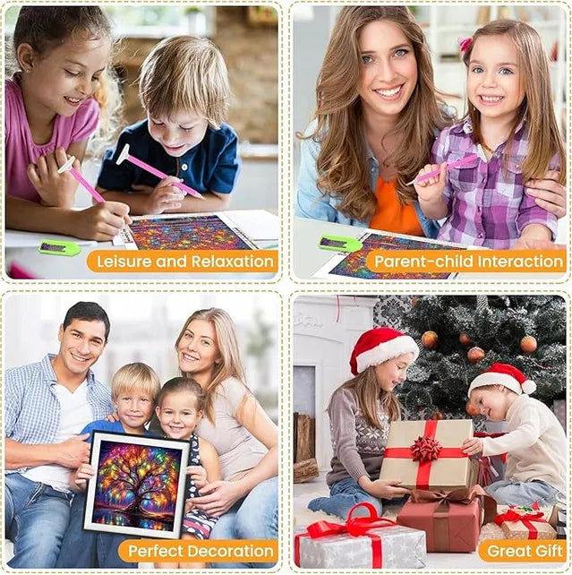 3D diamond art painting kit featuring a tree design for adults and beginners, with colorful diamond details and tools included.