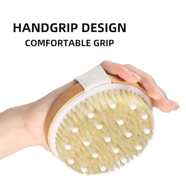 Multicolor wood bath brush with handle and soft nylon mesh back, ideal for men and women for body scrubbing and cleaning.