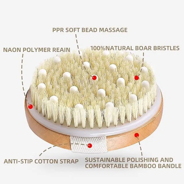 Wood bath brush for men and women with handle, soft nylon mesh back cleaner, versatile loofah bath sponge for body scrubbing.