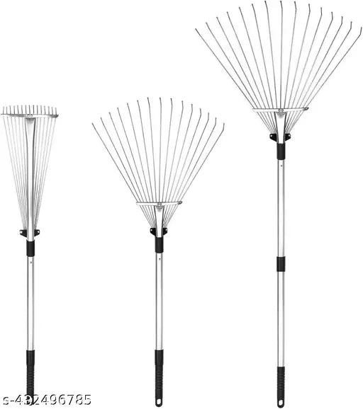 Adjustable garden leaf rake from 22123 with a sturdy handle and wide head for efficient yard debris collection.