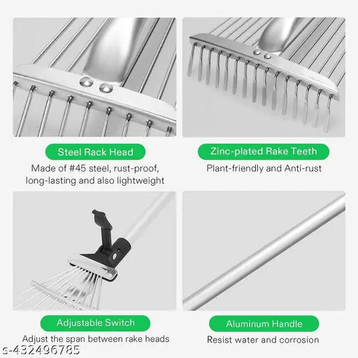 Adjustable garden leaf rake from brand 22123, showing the lightweight handle and wide metal tines for yard cleanup.