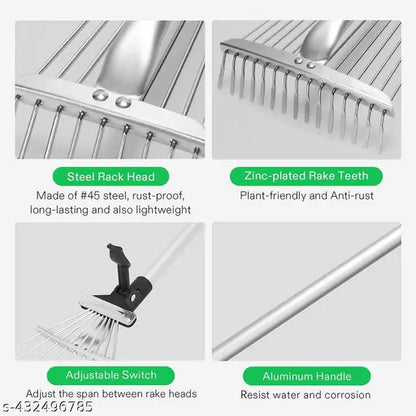 Adjustable garden leaf rake from brand 22123, showing the lightweight handle and wide metal tines for yard cleanup.