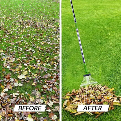 Adjustable garden leaf rake by 22123, featuring a sturdy handle and wide rake head for efficient yard cleanup.