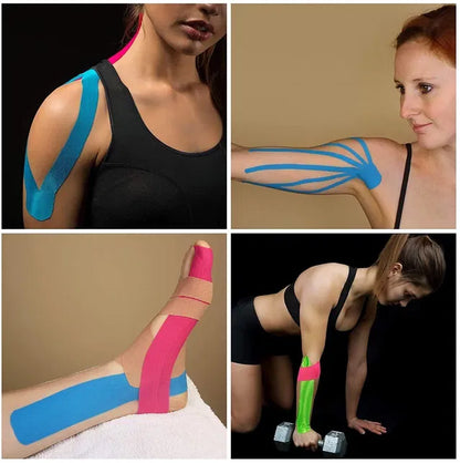 Kinesiology Tape adhesive joint wrap for muscle pain relief, 22123 brand, showing the athletic tape applied on skin.
