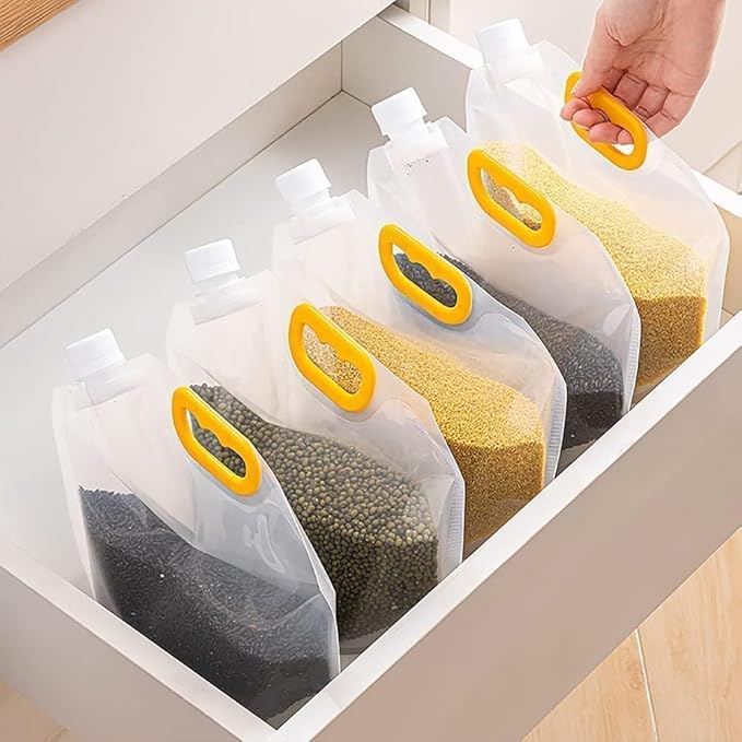 Set of five reusable grain storage produce bags by 22123, ideal for storing grains, fruits, and vegetables in eco-friendly containers.