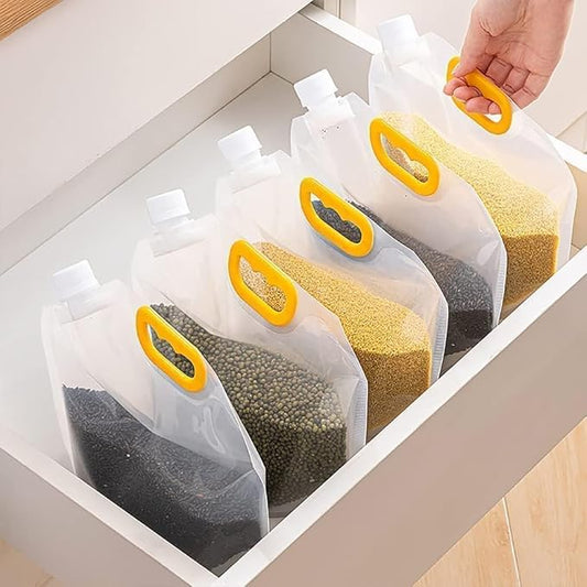 Set of five reusable grain storage produce bags by 22123, ideal for storing grains, fruits, and vegetables in eco-friendly containers.