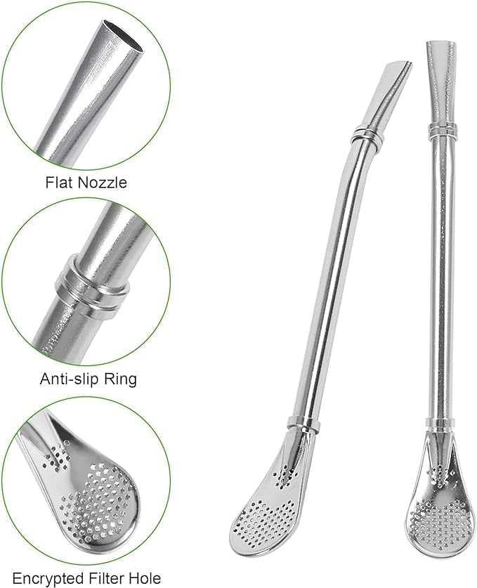 22123 2 in 1 straw filter spoon, stainless steel utensil with built-in straw filter for drinking and stirring.