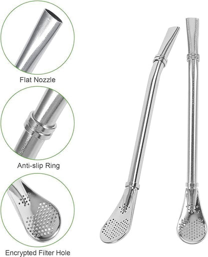22123 2 in 1 straw filter spoon, stainless steel utensil with built-in straw filter for drinking and stirring.
