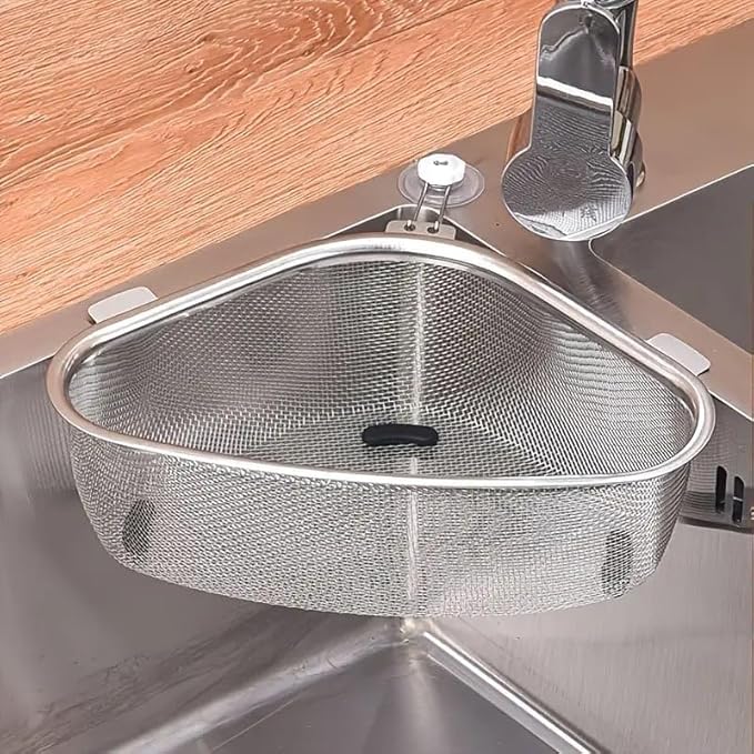 Multicolor stainless steel sink corner strainer for utensil organization, designed to fit in kitchen corners.