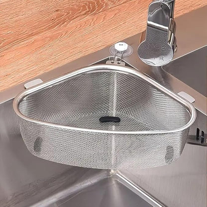 Multicolor stainless steel sink corner strainer for utensil organization, designed to fit in kitchen corners.