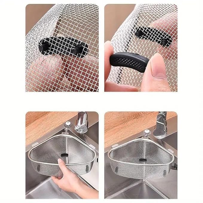 Multicolor stainless steel sink corner strainer for utensil organization, designed to fit in kitchen corners for efficient storage.