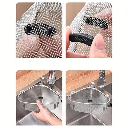Multicolor stainless steel sink corner strainer for utensil organization, designed to fit in kitchen corners for efficient storage.