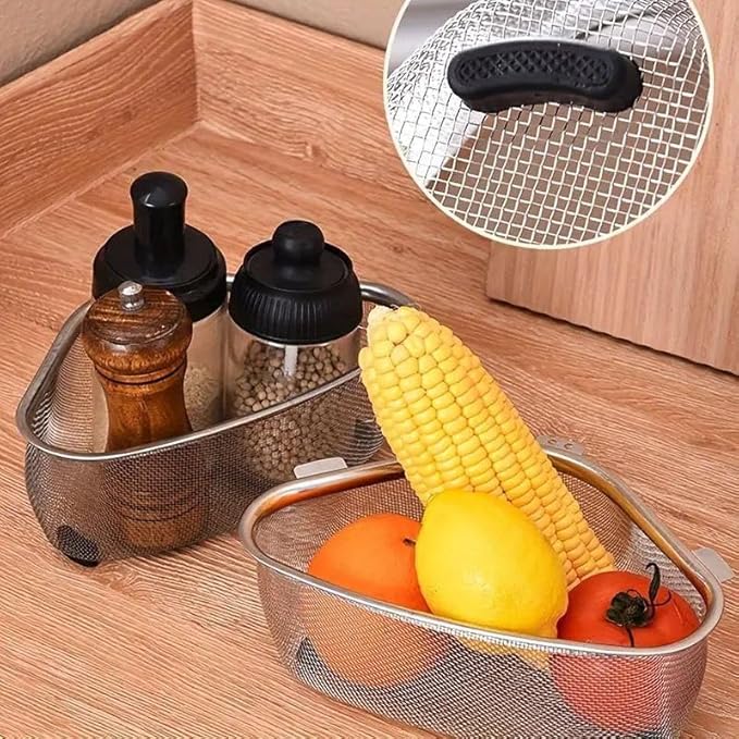 Multicolor stainless steel sink corner strainer from 22123, designed as a utensil holder and organizer for kitchen sink storage.