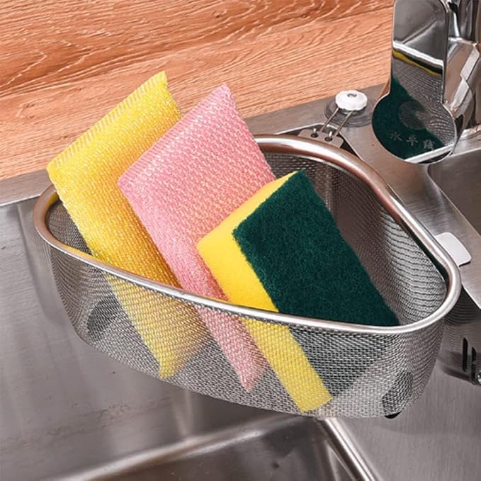 Multicolor stainless steel sink corner strainer by 22123, designed for utensil organization and water drainage in kitchen sinks.