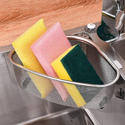 Multicolor stainless steel sink corner strainer by 22123, designed for utensil organization and water drainage in kitchen sinks.