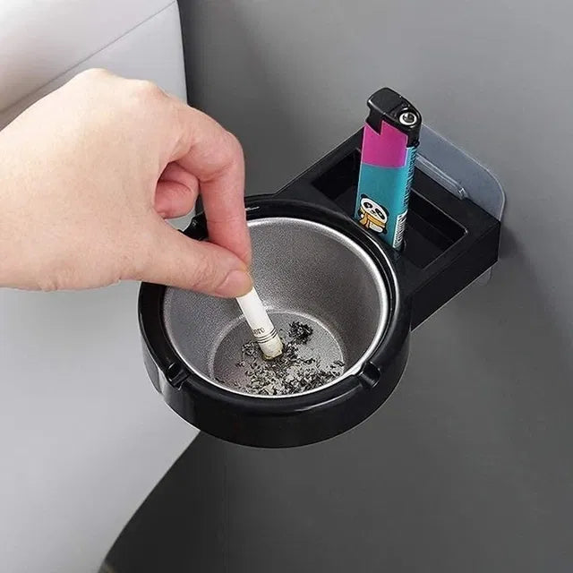 Stainless steel wall-mounted ashtray and cigarette lighter storage rack with balloon and decoration design for outdoor or indoor use.
