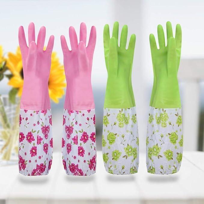 Multicolor multipurpose cleaning gloves with lining, durable rubber material, designed for household cleaning tasks.