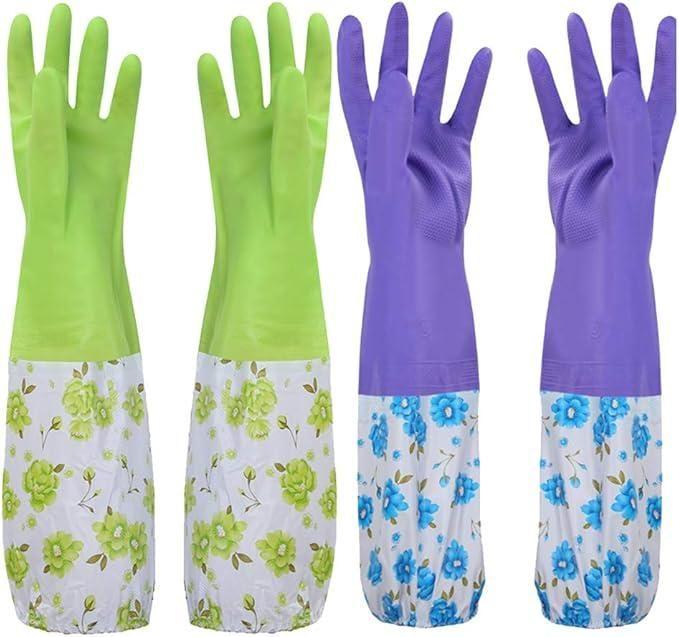 Multicolor multipurpose cleaning gloves with lining, durable rubber material, designed for household cleaning tasks.
