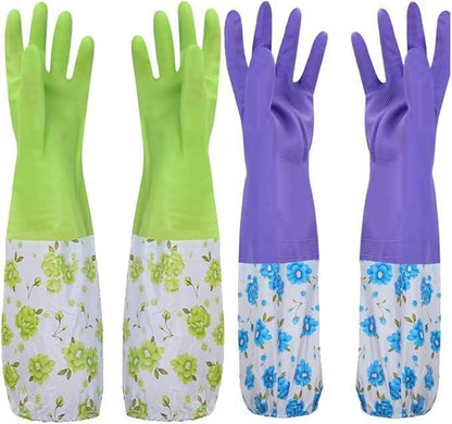 Multicolor multipurpose cleaning gloves with lining, durable rubber material, designed for household cleaning tasks.