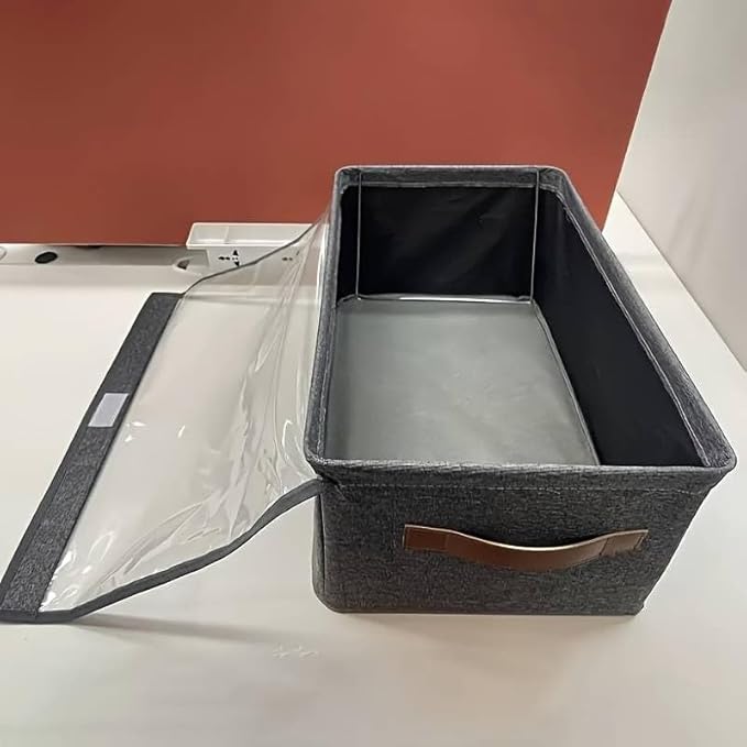 Large clear folding storage boxes with lids, fabric linen closet organizers, stackable with labels, ideal for makeup vanity and home storage