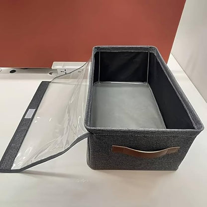 Large clear folding storage boxes with lids, fabric linen closet organizers, stackable with labels, ideal for makeup vanity and home storage