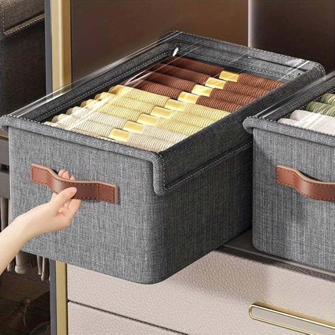 Large clear folding storage boxes with lids, fabric linen, stackable closet organizers with labels for home makeup vanity storage