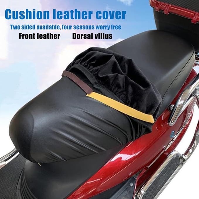 Black motorcycle seat cover made of breathable, anti-slip PU leather with waterproof cushion for motorcycle protection.
