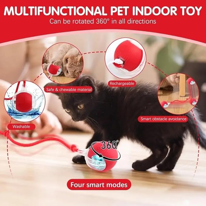 Colorful cat toy ball with tail, bird sound, USB rechargeable, automatic rotating feature for indoor cats, by 22927.