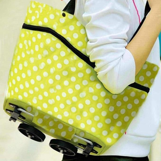 Multicolor folding shopping bag with wheels and trolley cart, reusable and foldable by 22927 for easy grocery carrying.