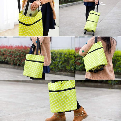 Multicolor folding shopping bag with wheels, reusable trolley cart by 22927, compact and foldable for easy carrying and shopping convenience.
