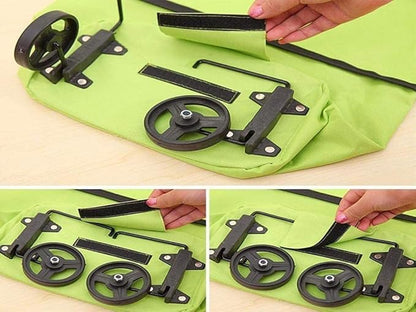 Multicolor folding shopping bag with wheels, reusable trolley cart from 22927, designed for easy carrying and shopping convenience.