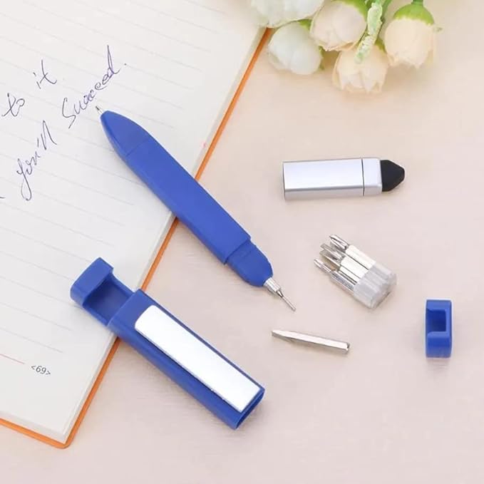 Pen-shaped phone holder with screwdriver set, 6-in-1 multifunction tech tool by 22927, featuring a sleek, compact utensil organizer design.