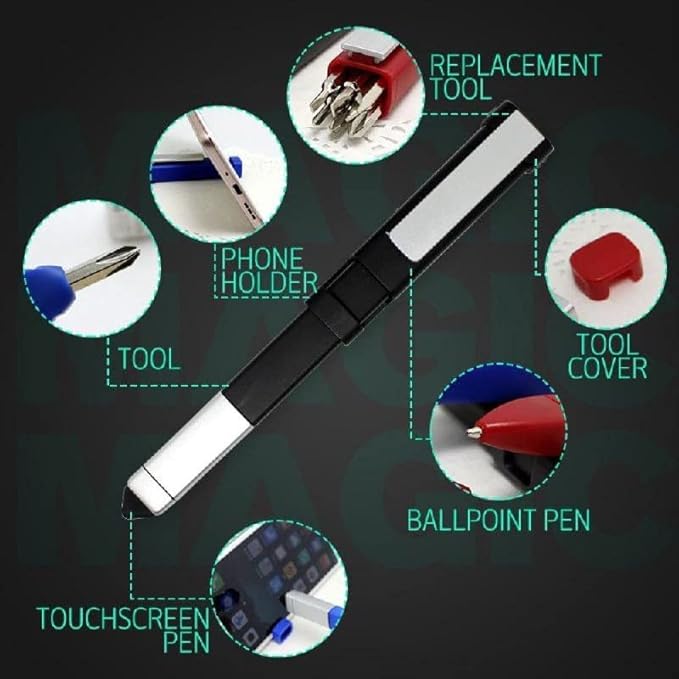 Pen-shaped phone holder with integrated screwdriver set, multifunction 6-in-1 tech tool for organizing and repairing devices.