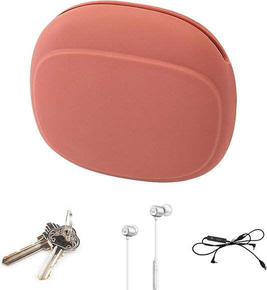 Multicolor silicone headphone organizer case with zipper closure, designed for earbuds and data cable storage.