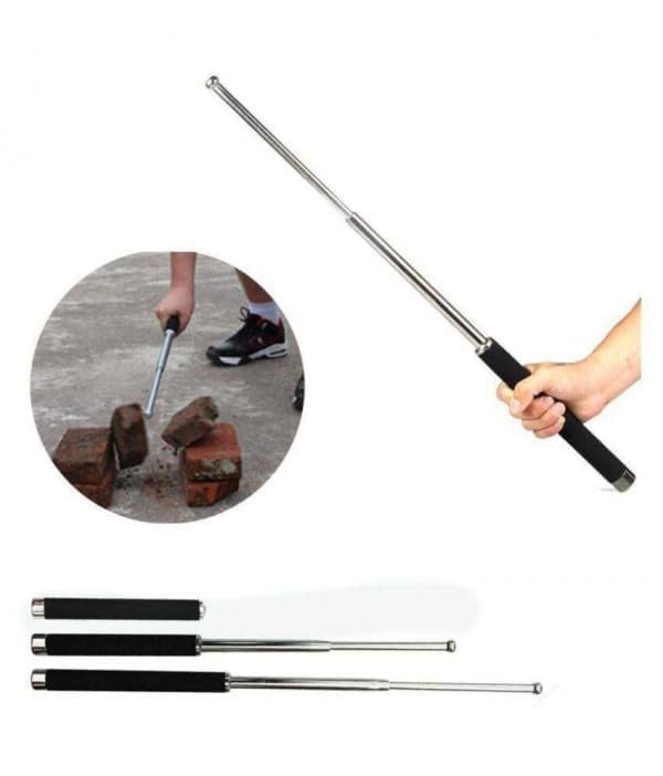 Foldable personal security walking stick with comfortable grip and multi-tool features, designed for men and women.