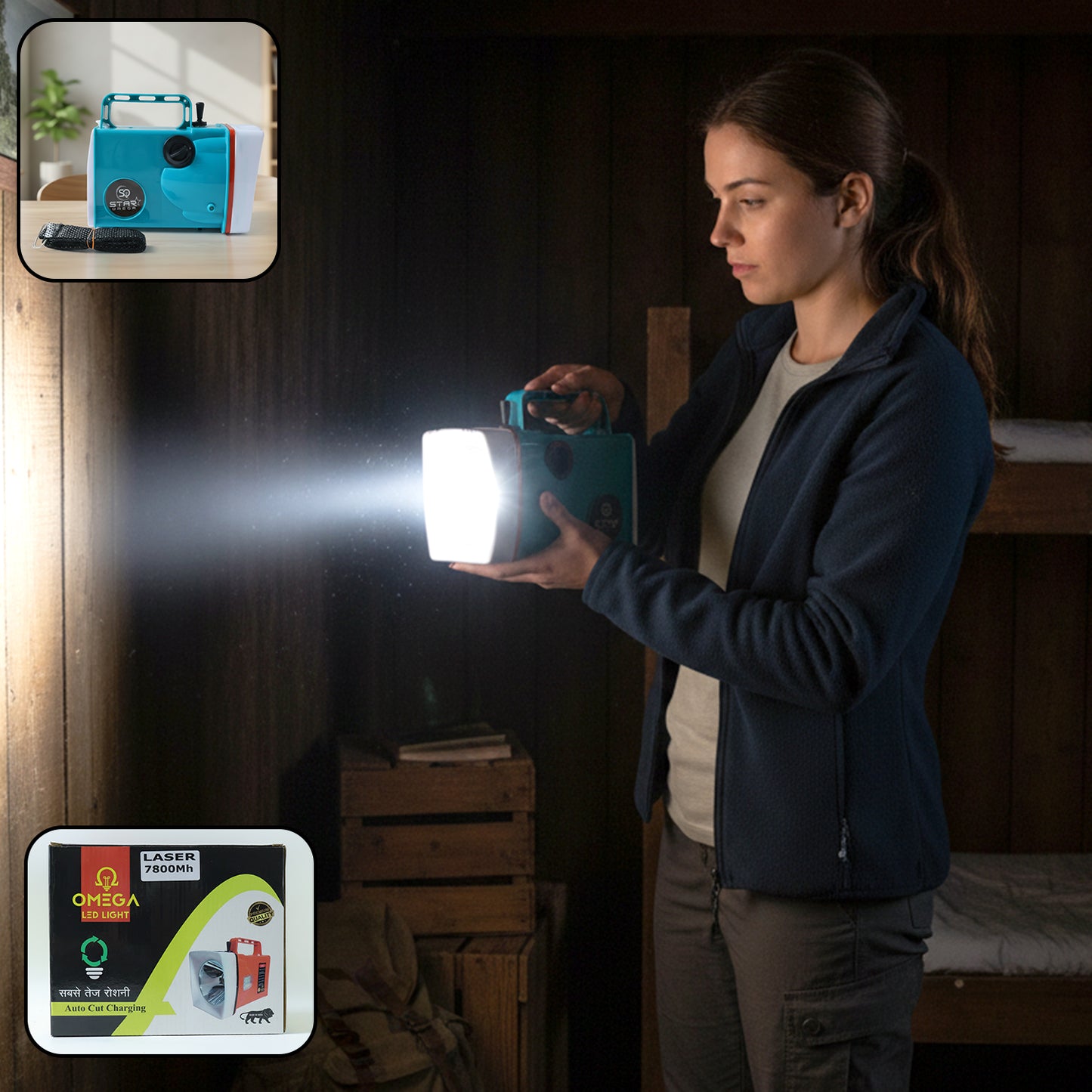 Wukusy Omega rechargeable LED laser torch light with 7800mAh battery, black handheld flashlight on a neutral background.