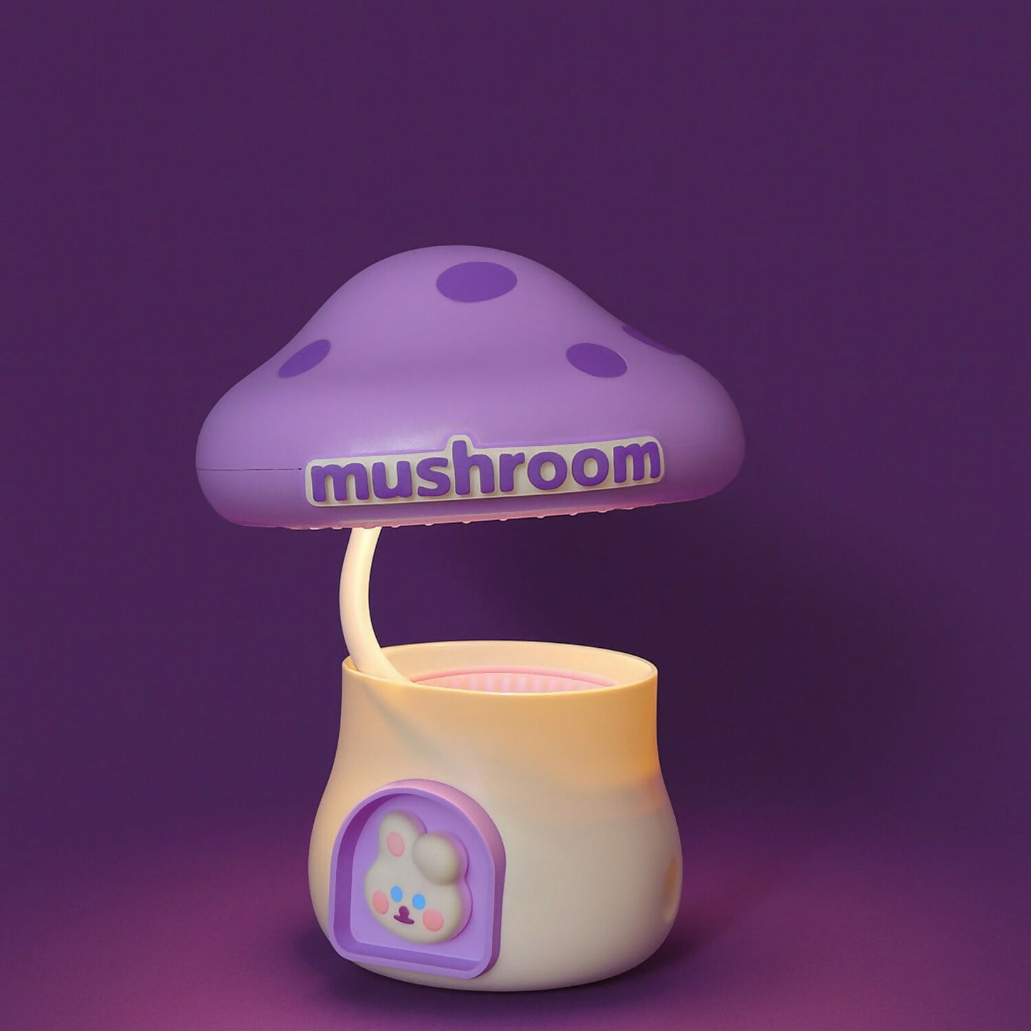Wukusy Mushroom LED desk lamp with pencil sharpener and USB charging port, featuring a colorful, modern design.