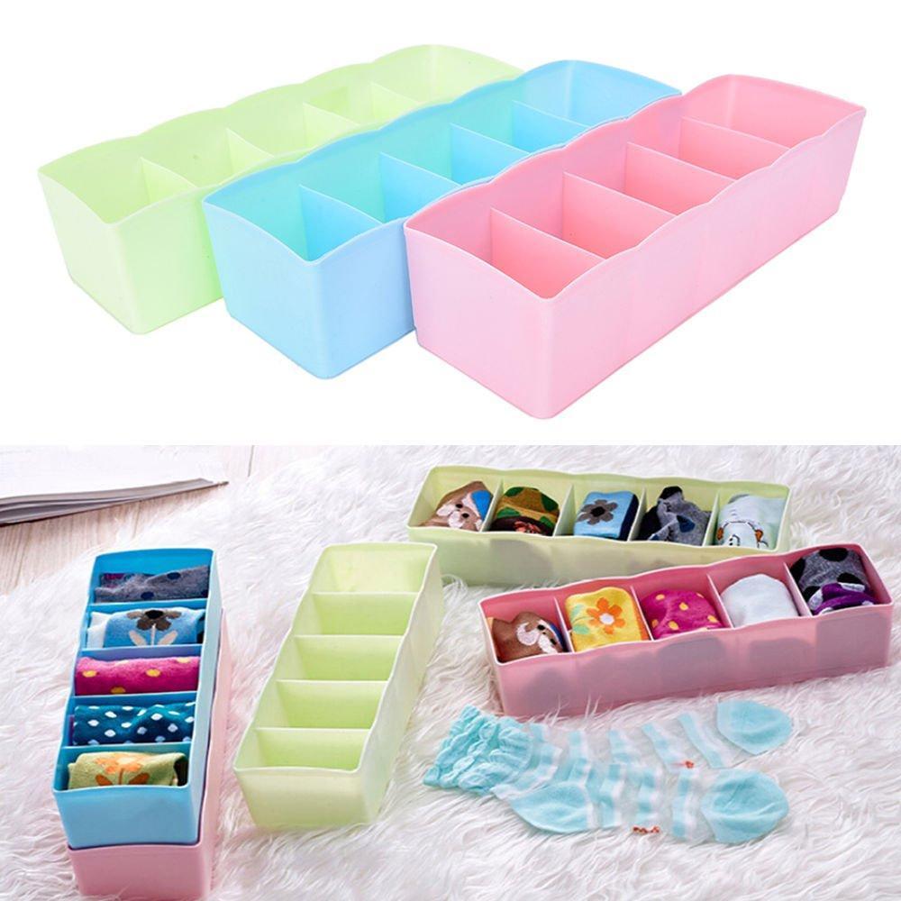 Wukusy 2-pack sock and undergarment storage boxes with 5 compartments for organizing socks, handkerchiefs, and underwear in drawers.