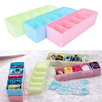 Wukusy 2-pack sock and undergarment storage boxes with 5 compartments for organizing socks, handkerchiefs, and underwear in drawers.