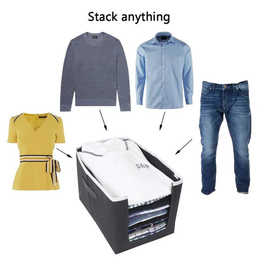 Set of three foldable closet organizer stackers for shirts and clothing in assorted colors, ideal for storage and organization.