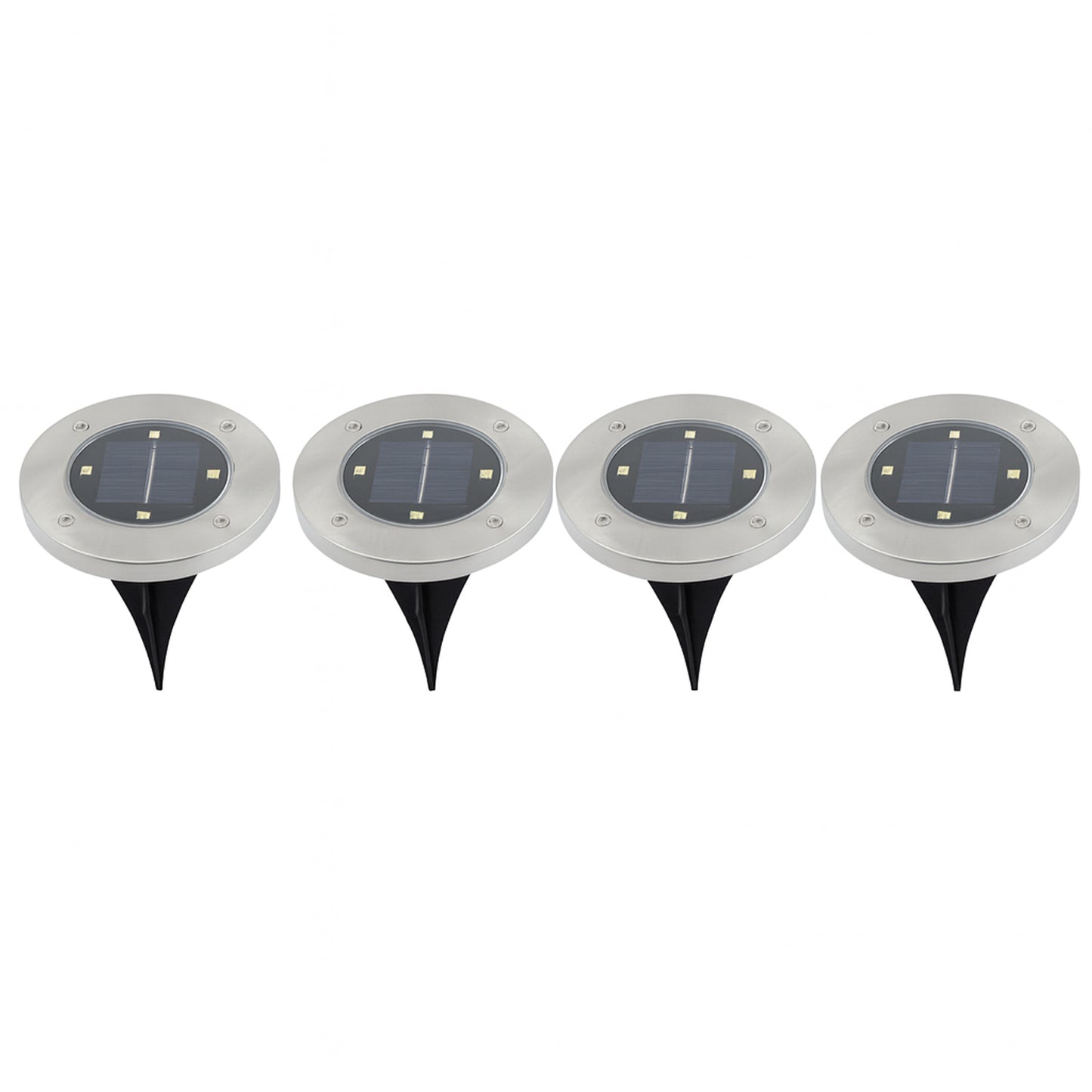 Set of four Wukusy solar powered LED garden lights illuminating a garden pathway with modern design.