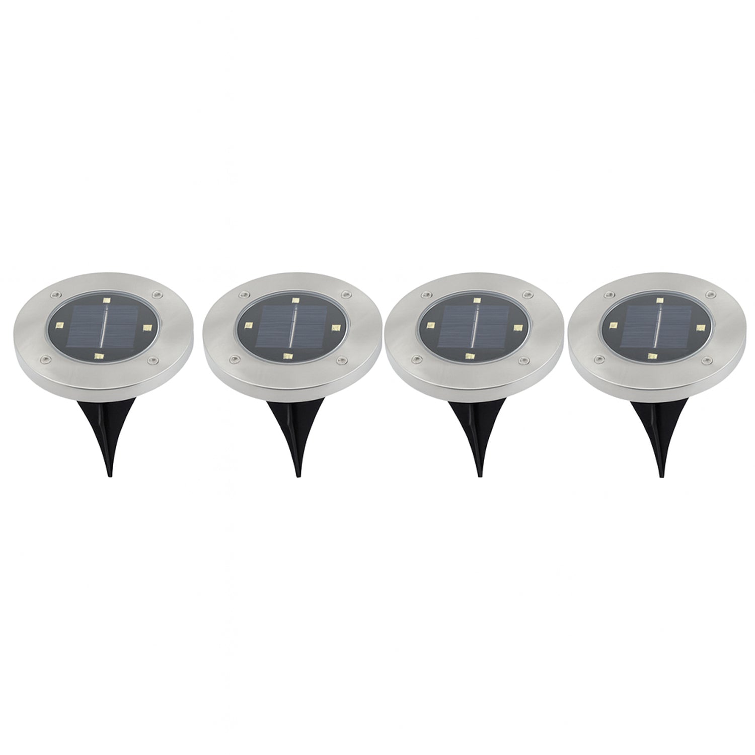 Set of four Wukusy solar powered LED garden lights illuminating a garden pathway with modern design.