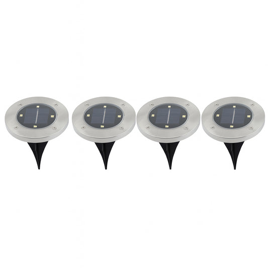Set of four Wukusy solar powered LED garden lights illuminating a garden pathway with modern design.