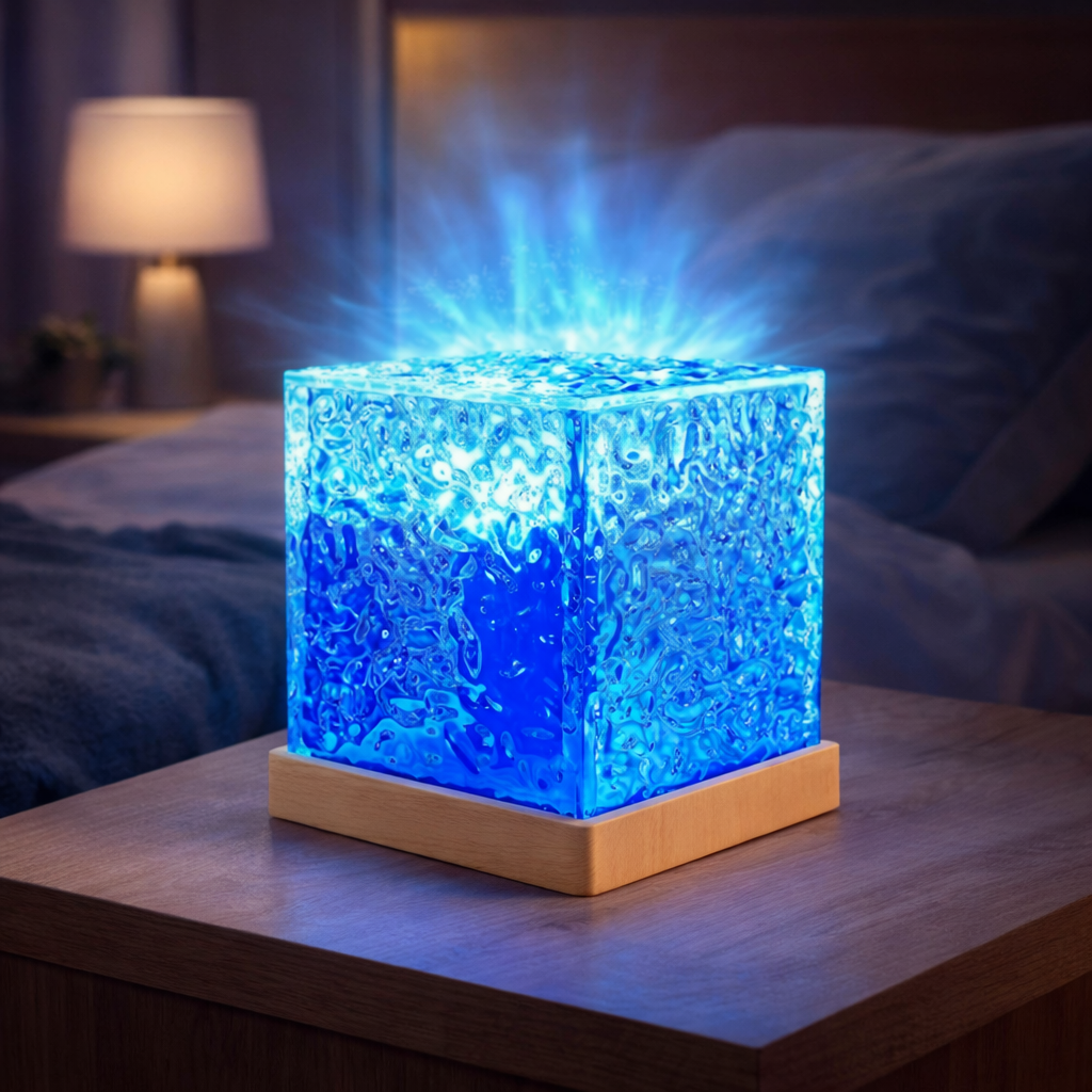 Wukusy Crystal Cube LED Night Lamp with remote, RGB color changing light, showcasing a sleek, glowing crystal cube on a dark surface.