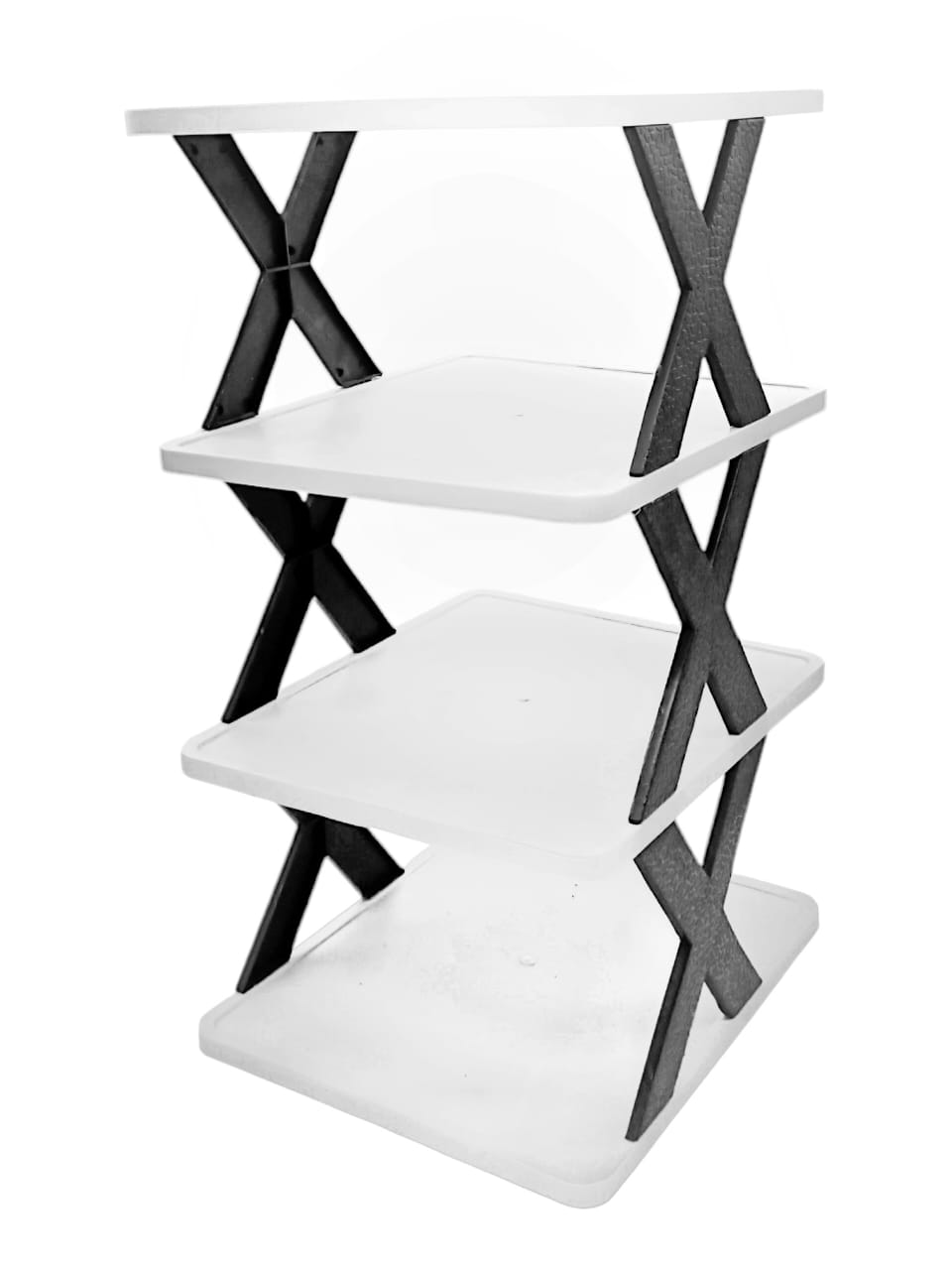 Plastic 4-layer foldable shoe rack in white and black, collapsible design by 2433 for organized footwear storage.