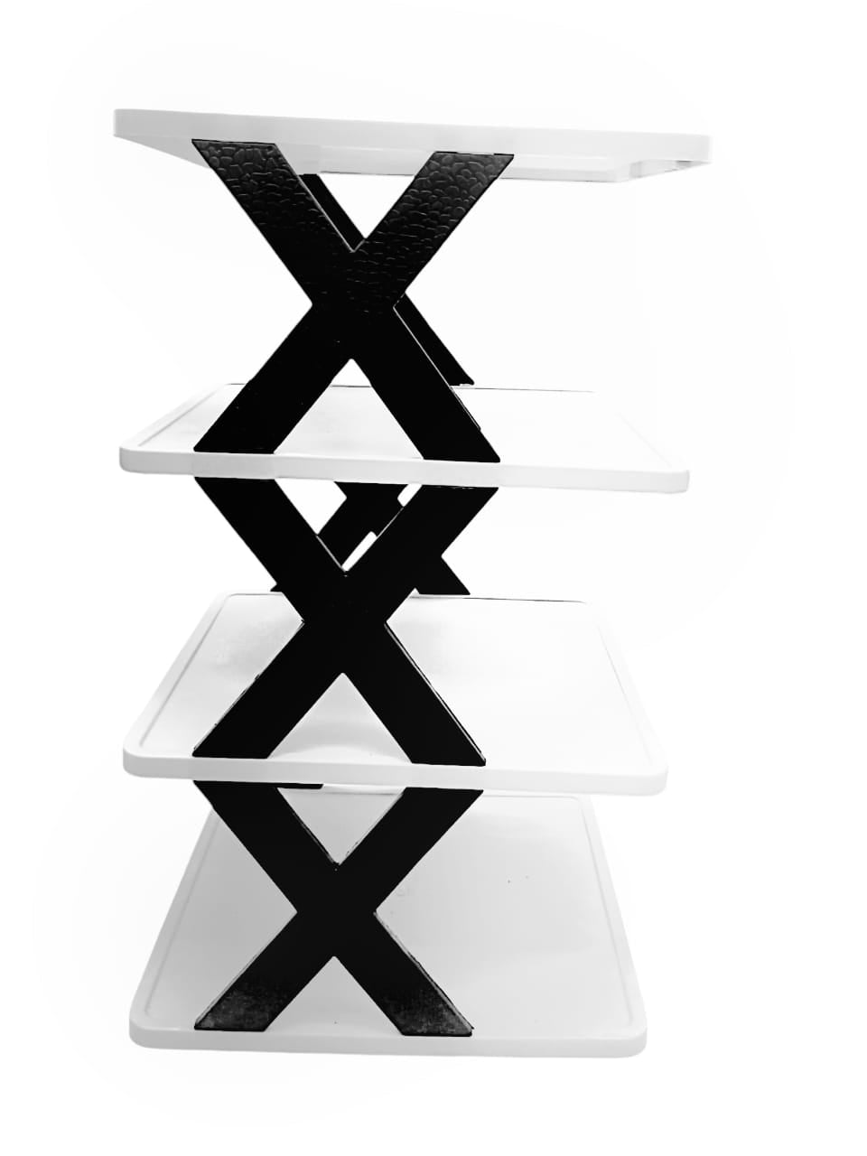 Plastic 4-layer foldable shoe rack in white and black with a collapsible design, ideal for organizing footwear efficiently.