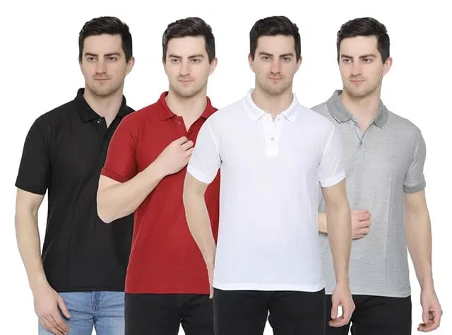 Set of four men's cotton polo T-shirts in multicolor by 24533, featuring classic polo collar and short sleeves.