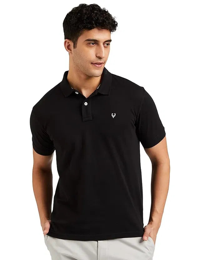 Black men's polo t-shirt from 24533, short sleeve, classic fit, versatile casual wear, shown flat on a white background.