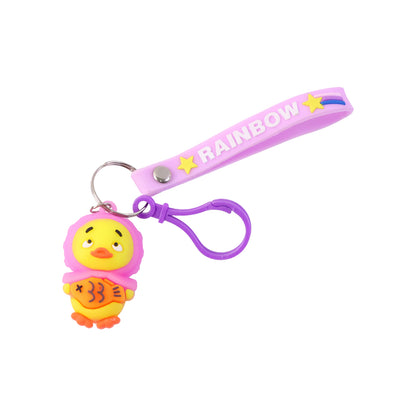 Cute cartoon duck keychain by Wukusy featuring a colorful, smiling duck figure with a metal keyring and clip attachment.