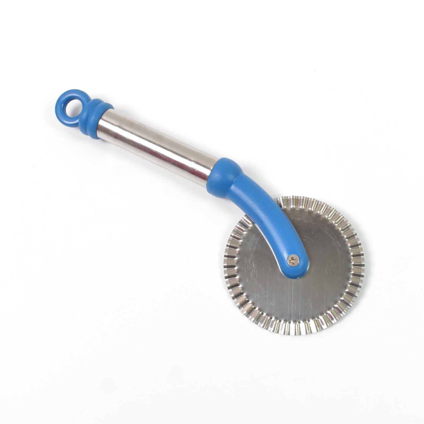 Wukusy multi-purpose curly pizza cutter and pastry cutter with ergonomic handle, ideal for slicing pizzas, sandwiches, and pastries.